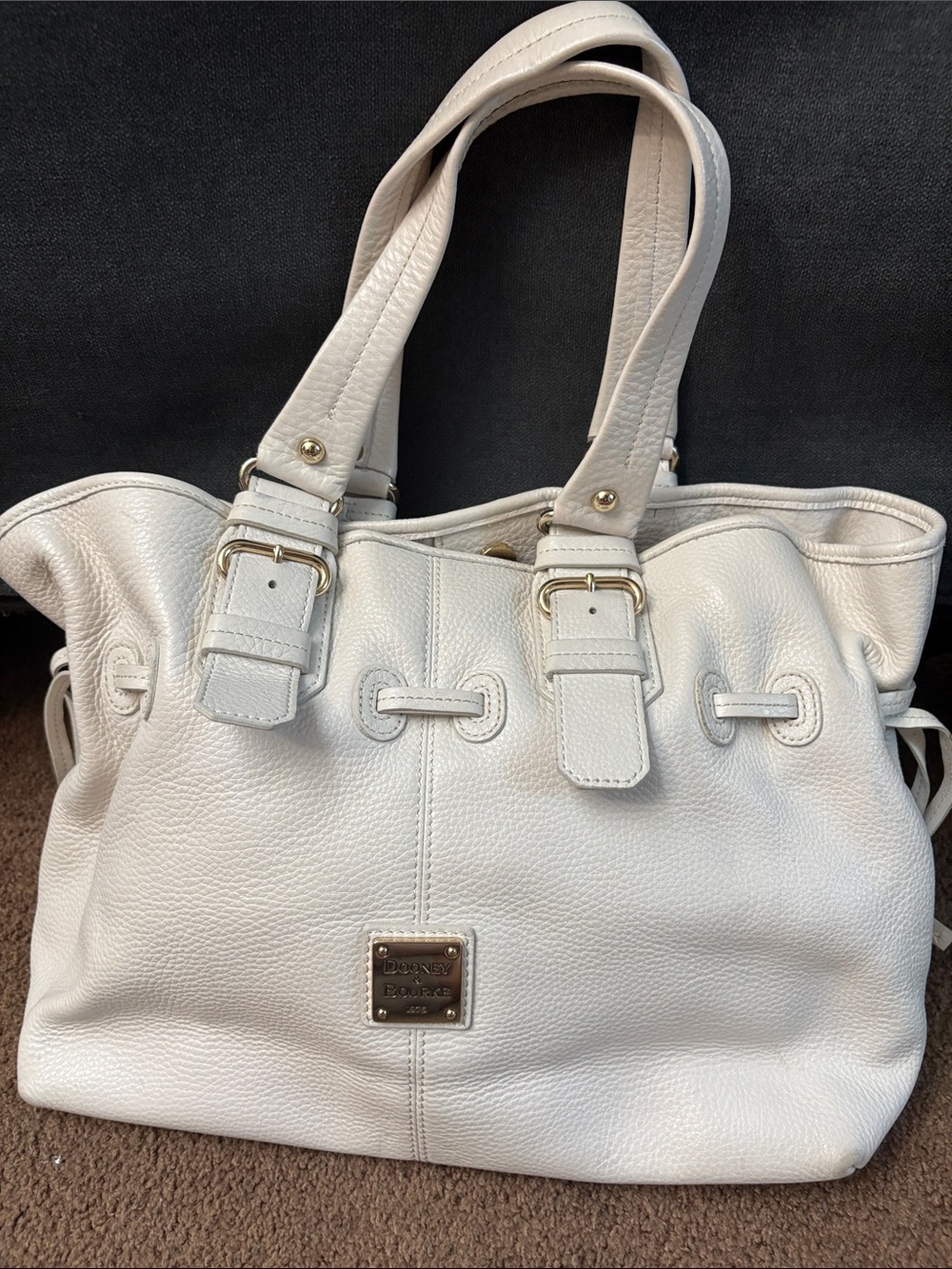 Dooney & Bourke White Pebbled Leather Tote with Gold Hardware